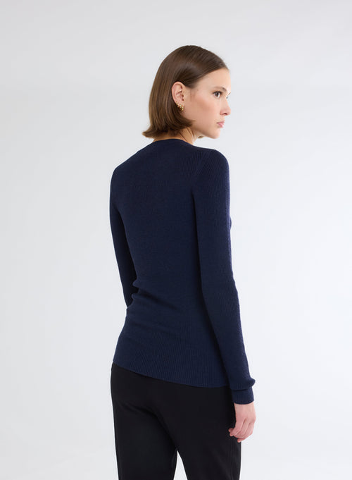 Navy Crew Neck Long Sleeve Sweater - MAJESTIC FILATURES