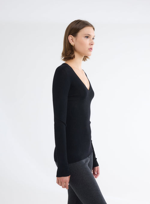 Pull Noir Col Rond Manches Longues - MAJESTIC FILATURES