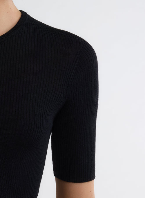 Black Crew Neck Elbow Sleeve Sweater - MAJESTIC FILATURES