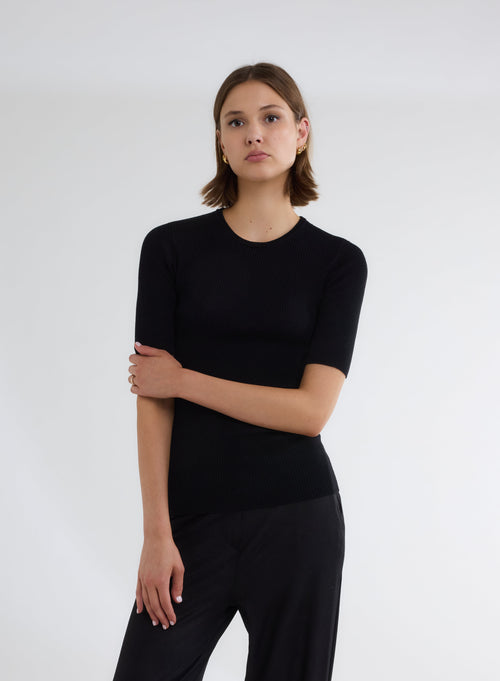 Black Crew Neck Elbow Sleeve Sweater - MAJESTIC FILATURES