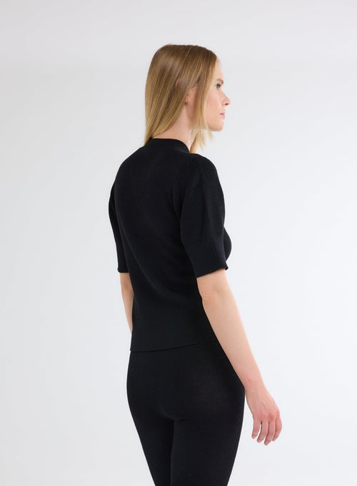 Pull Noir Col Rond Manches Coudes en Laine Mérinos - MAJESTIC FILATURES