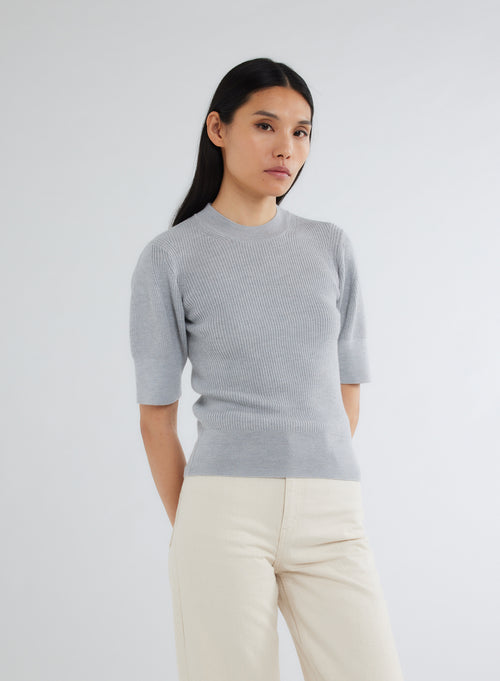 Pull Gris Col Rond Manches Coudes en Laine Mérinos - MAJESTIC FILATURES