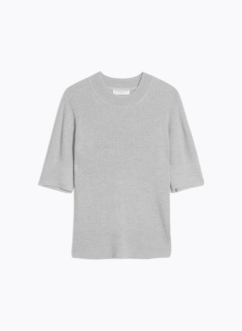 Pull Gris Col Rond Manches Coudes en Laine Mérinos - MAJESTIC FILATURES