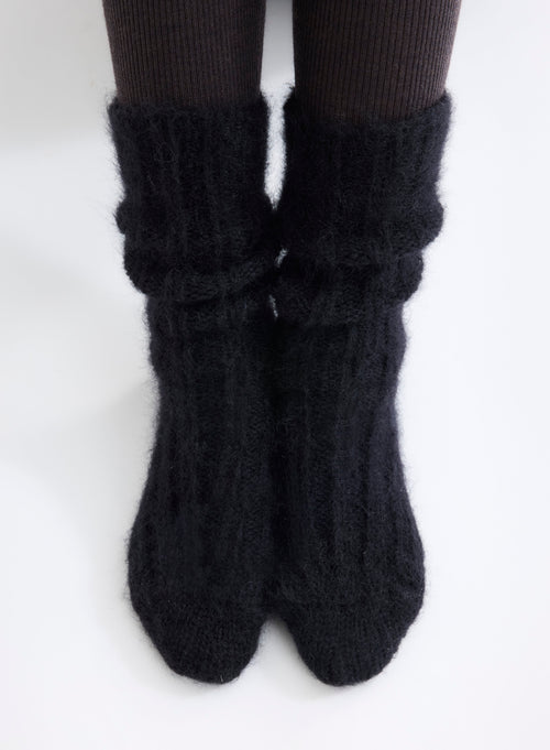 Calcetines Largos de Punto Basto de Lana Merino y Mohair Negro - MAJESTIC FILATURES