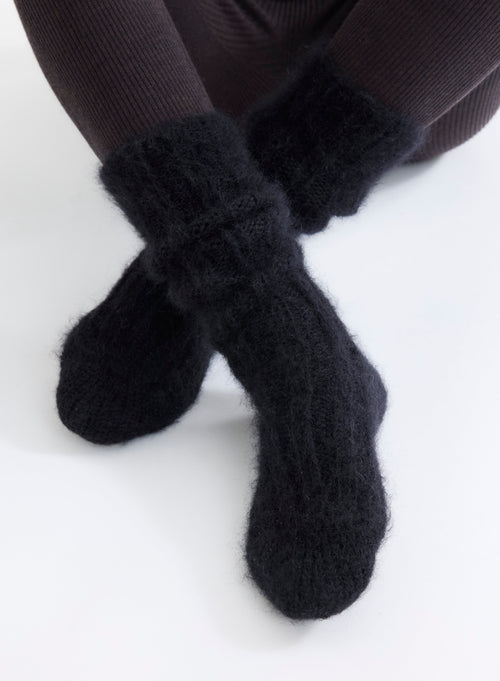 Calcetines Largos de Punto Basto de Lana Merino y Mohair Negro - MAJESTIC FILATURES