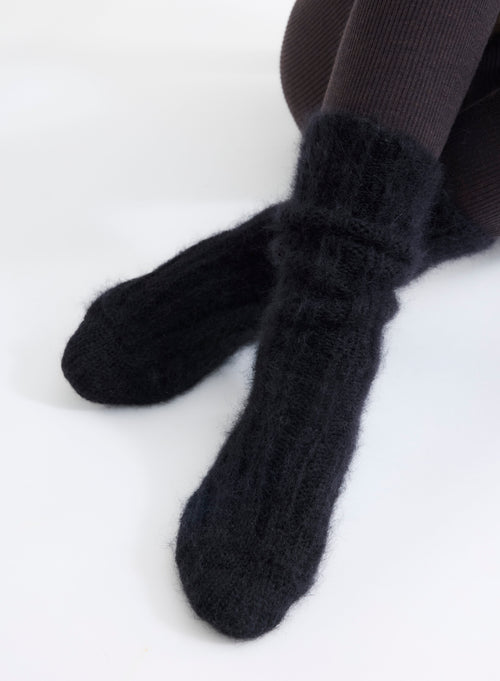 Calcetines Largos de Punto Basto de Lana Merino y Mohair Negro - MAJESTIC FILATURES