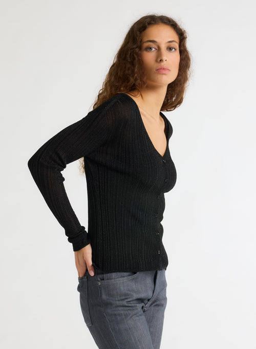 Gilet Noir Col V Manches Longues - MAJESTIC FILATURES