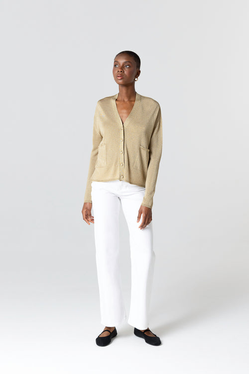 Gold Long-Sleeve Button-Up Cardigan in Acetate / Metallic Fiber / Polyamide - MAJESTIC FILATURES
