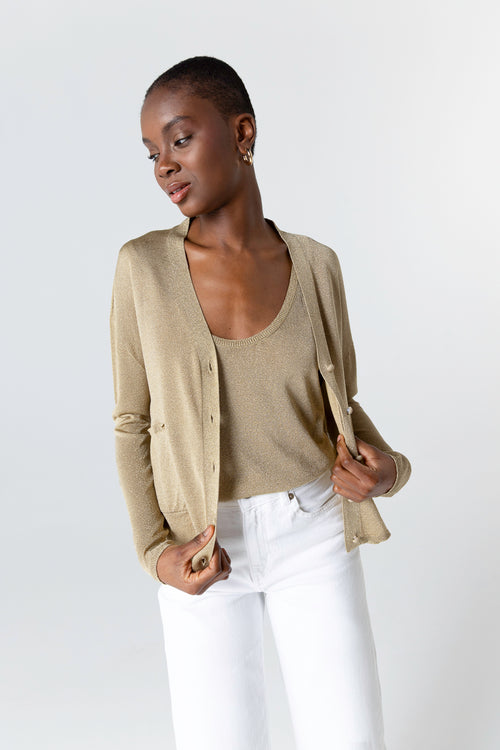 Gold Long-Sleeve Button-Up Cardigan in Acetate / Metallic Fiber / Polyamide - MAJESTIC FILATURES