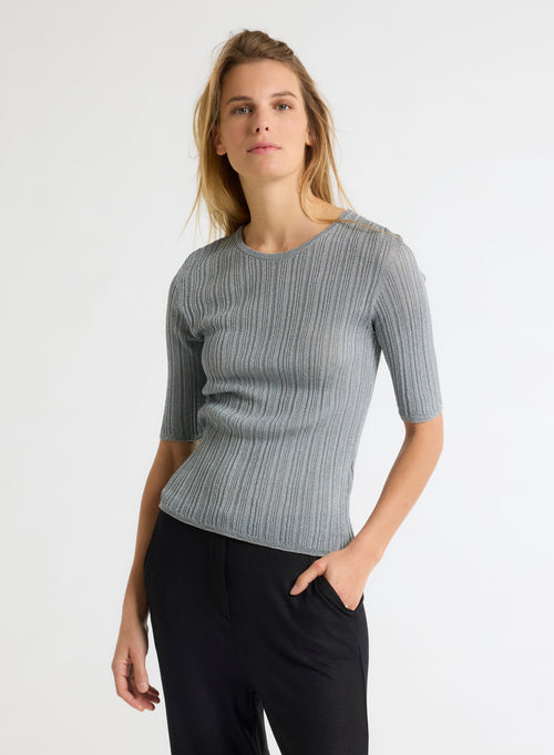 Gray Sweater with Round Neck and Elbow Sleeves - MAJESTIC FILATURES