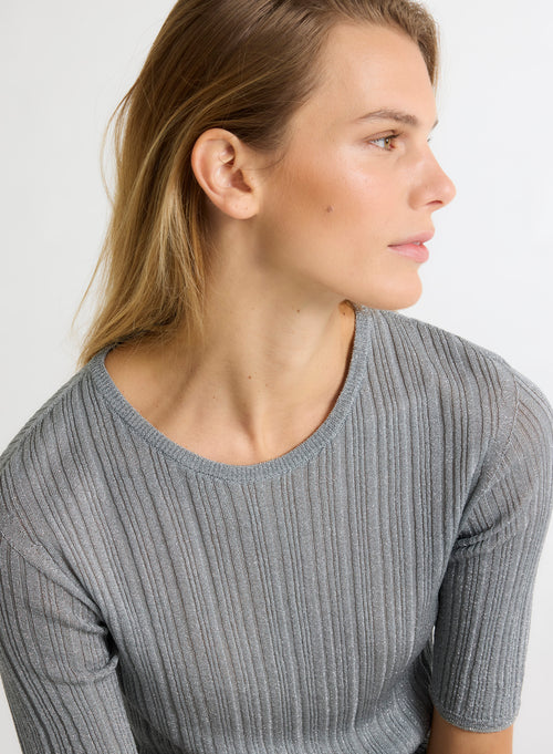 Gray Sweater with Round Neck and Elbow Sleeves - MAJESTIC FILATURES