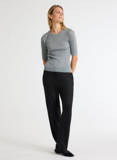 Gray Sweater with Round Neck and Elbow Sleeves - MAJESTIC FILATURES