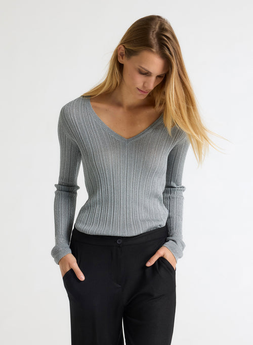 Pullover grau V-Ausschnitt Langarm - MAJESTIC FILATURES