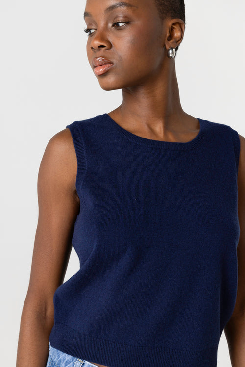 Débardeur Marine Col Rond Sans Manches en Cachemire - MAJESTIC FILATURES