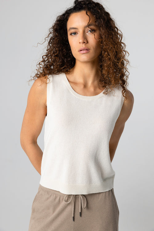Débardeur Blanc Col Rond Sans Manches en Cachemire - MAJESTIC FILATURES