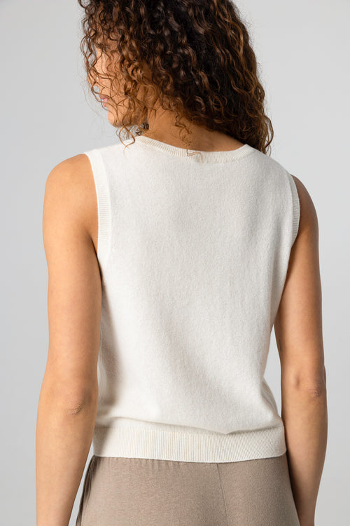 Débardeur Blanc Col Rond Sans Manches en Cachemire - MAJESTIC FILATURES