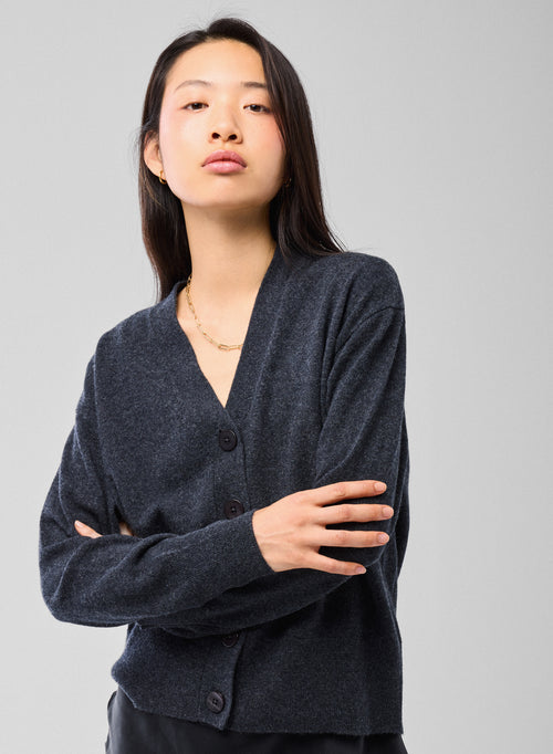 Graue Strickjacke mit V-Ausschnitt und langen Ärmeln aus Kaschmir - MAJESTIC FILATURES