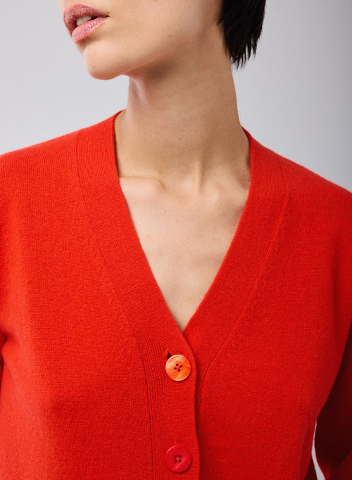 Red V-neck cardigan with long sleeves in cashmere - MAJESTIC FILATURES