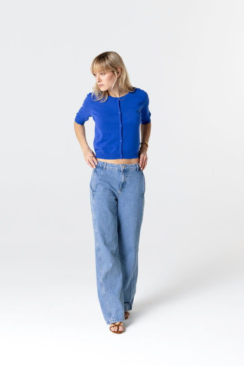 Strickjacke mit Rundhalsausschnitt und Ellbogen aus Kaschmir in Blau - MAJESTIC FILATURES