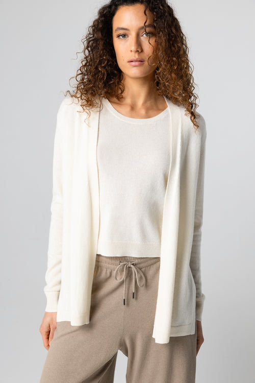 Gilet Blanc Col V Manches Longues en Cachemire - MAJESTIC FILATURES