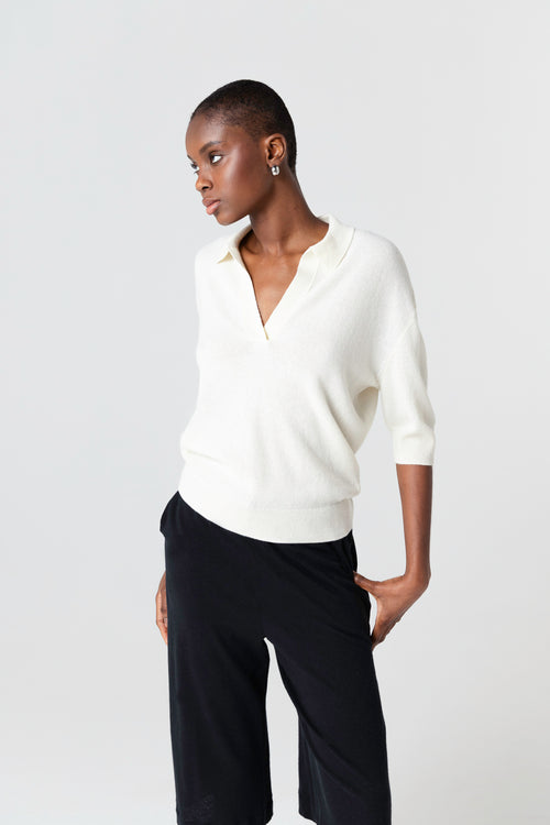 Polo Blanc Manches Coudes en Cachemire - MAJESTIC FILATURES