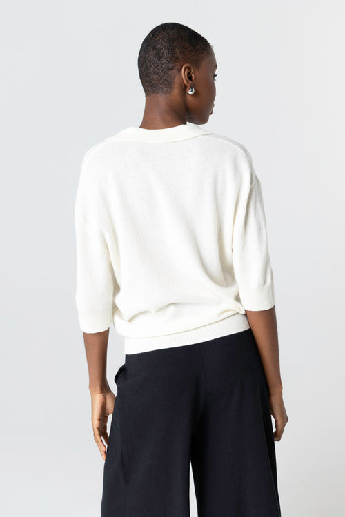 Polo Blanc Manches Coudes en Cachemire - MAJESTIC FILATURES