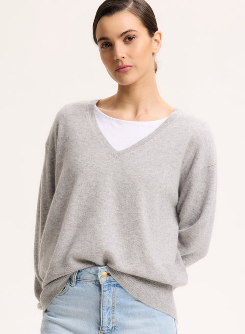 Jersey gris con cuello en pico y manga larga en cachemir - MAJESTIC FILATURES