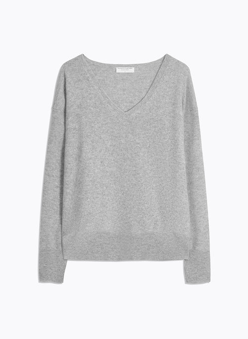 Jersey gris con cuello en pico y manga larga en cachemir - MAJESTIC FILATURES