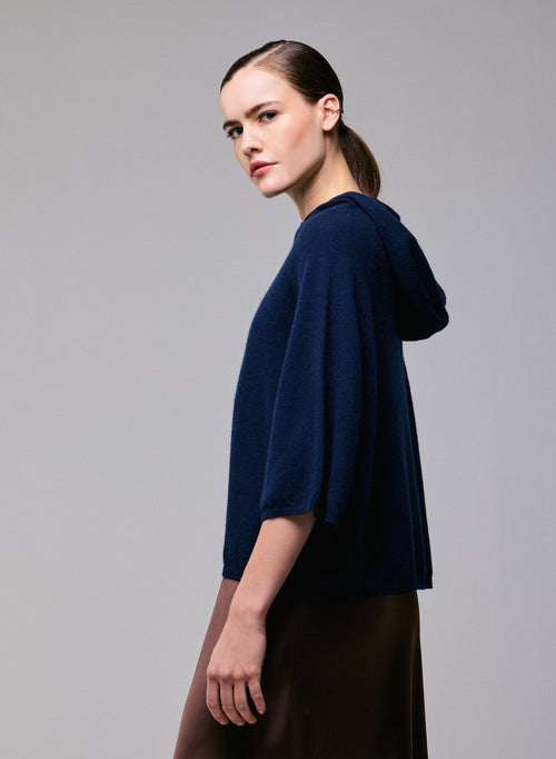 Navy blue Long Sleeves Hoodie Sweater in Cashmere - MAJESTIC FILATURES