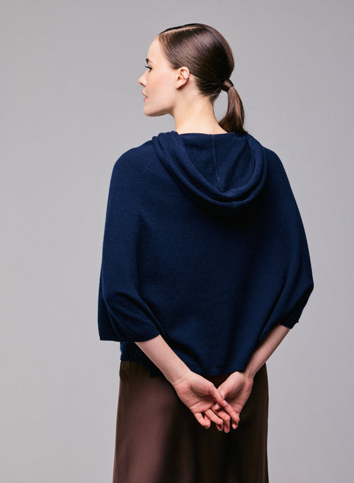 Navy blue Long Sleeves Hoodie Sweater in Cashmere - MAJESTIC FILATURES