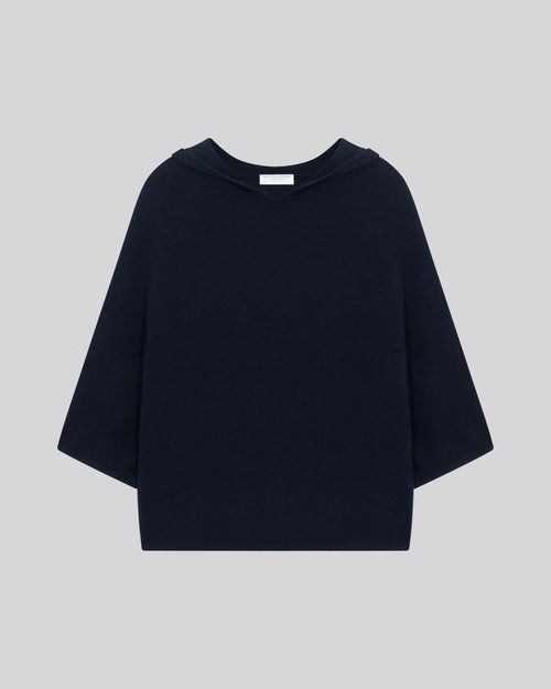Navy blue Long Sleeves Hoodie Sweater in Cashmere - MAJESTIC FILATURES