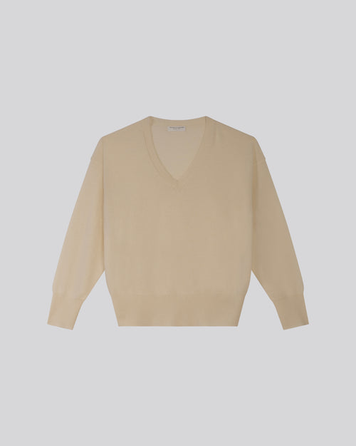 Pull Blanc lait Col V Manches Longues en Cachemire - MAJESTIC FILATURES