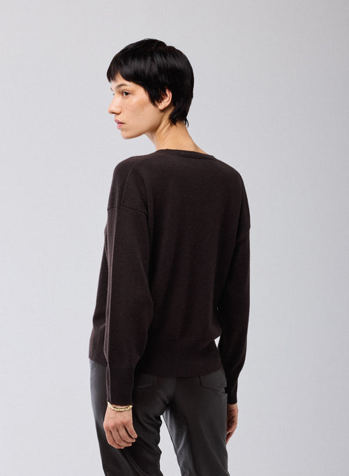 Brown V-Neck Long Sleeve Sweater in Cashmere - MAJESTIC FILATURES