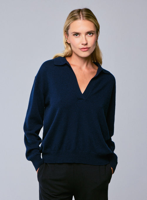 Marineblauer Pullover mit Polokragen - MAJESTIC FILATURES