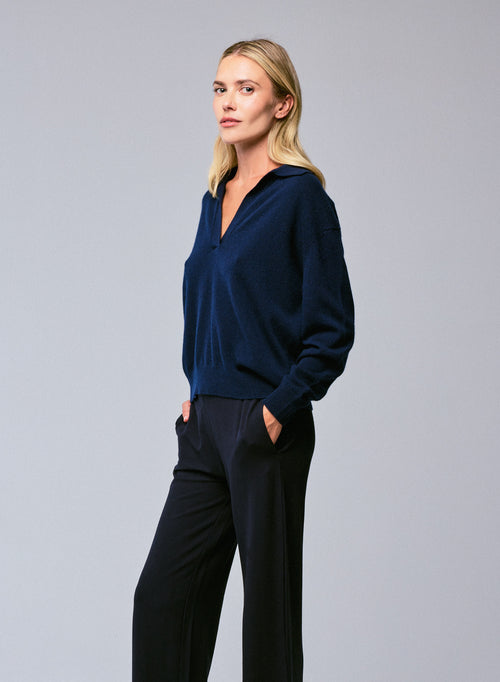 Marineblauer Pullover mit Polokragen - MAJESTIC FILATURES