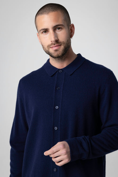 Gilet Marine Col Chemise Manches Longues en Cachemire - MAJESTIC FILATURES