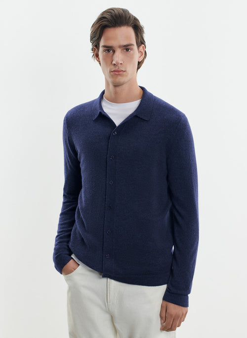 Strickjacke mit Hemdkragen und langen Ärmeln aus Kaschmir in Marineblau - MAJESTIC FILATURES