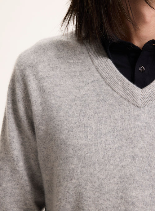 Grey V-neck Long Sleeve Sweater - MAJESTIC FILATURES