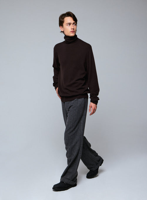 Pull Marron Col Roulé Manches Longues en Cachemire - MAJESTIC FILATURES