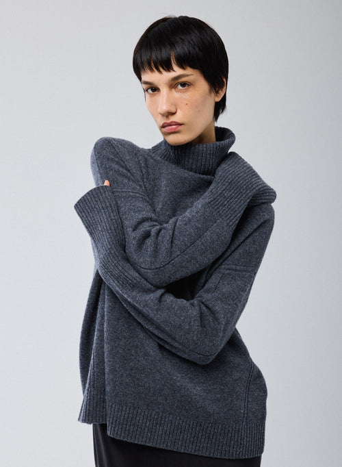 Grauer Rollkragenpullover mit langen Ärmeln aus Merinowolle - MAJESTIC FILATURES