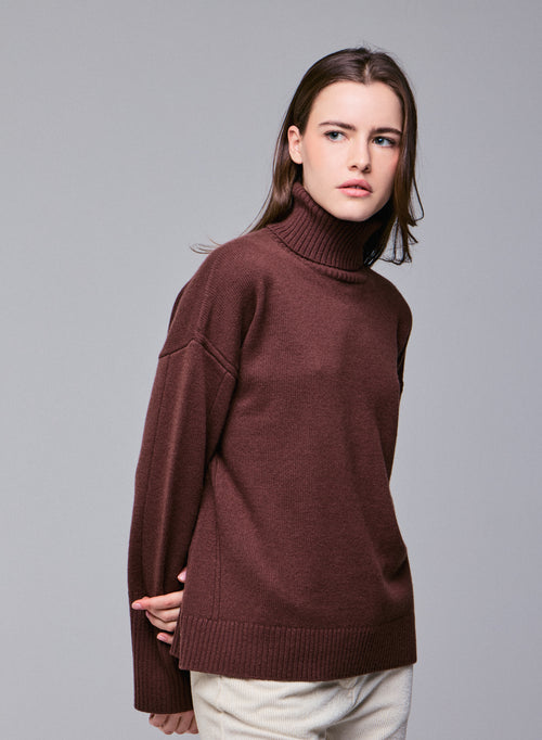 Brown Long Sleeve Turtleneck Sweater in Merino Wool - MAJESTIC FILATURES