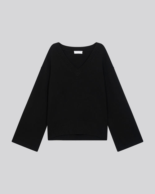 Black V-neck long-sleeved merino wool sweater - MAJESTIC FILATURES