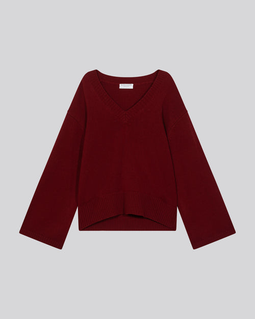 Roter langärmeliger Pullover mit V-Ausschnitt aus Merinowolle - MAJESTIC FILATURES