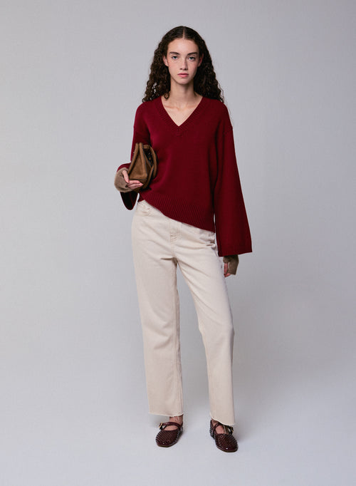 Roter langärmeliger Pullover mit V-Ausschnitt aus Merinowolle - MAJESTIC FILATURES