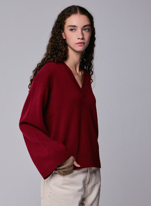 Roter langärmeliger Pullover mit V-Ausschnitt aus Merinowolle - MAJESTIC FILATURES