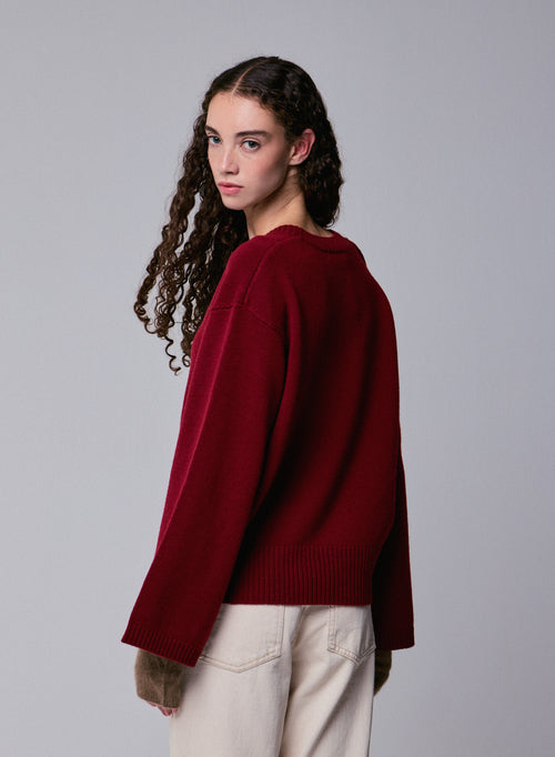 Roter langärmeliger Pullover mit V-Ausschnitt aus Merinowolle - MAJESTIC FILATURES