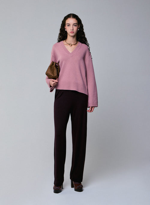 Pink V-neck long-sleeved merino wool sweater - MAJESTIC FILATURES