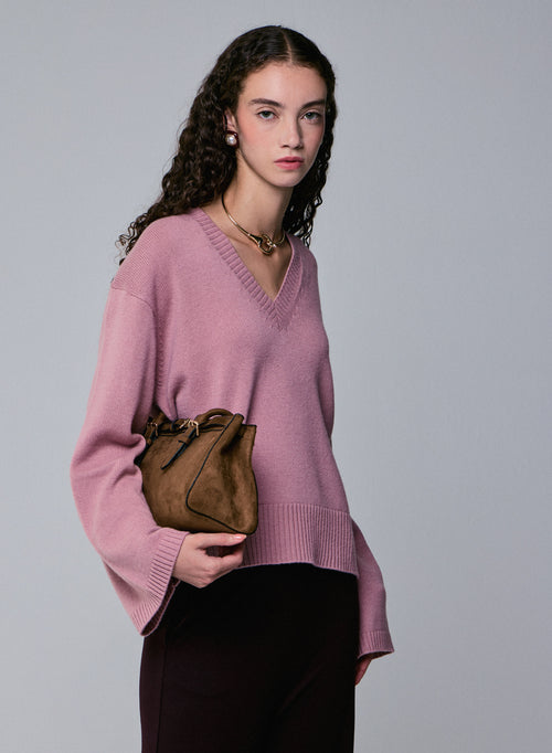 Pink V-neck long-sleeved merino wool sweater - MAJESTIC FILATURES