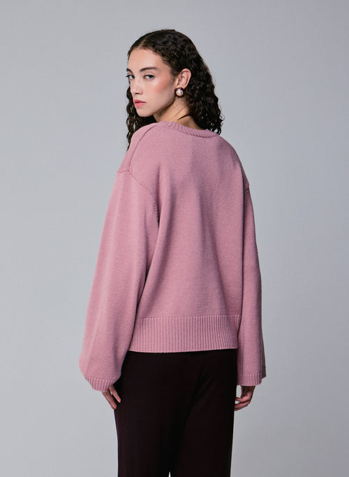 Pink V-neck long-sleeved merino wool sweater - MAJESTIC FILATURES