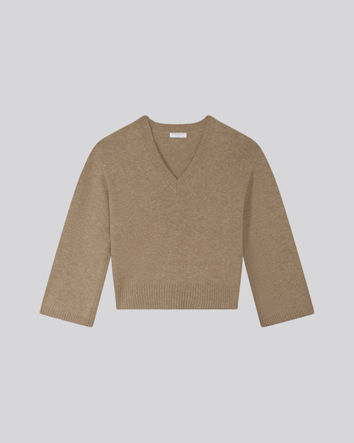 Beige V-Neck Long Sleeve Sweater in Merino Wool - MAJESTIC FILATURES